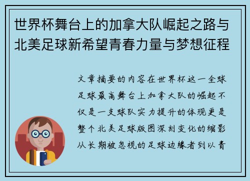 世界杯舞台上的加拿大队崛起之路与北美足球新希望青春力量与梦想征程