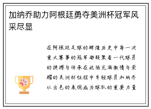 加纳乔助力阿根廷勇夺美洲杯冠军风采尽显